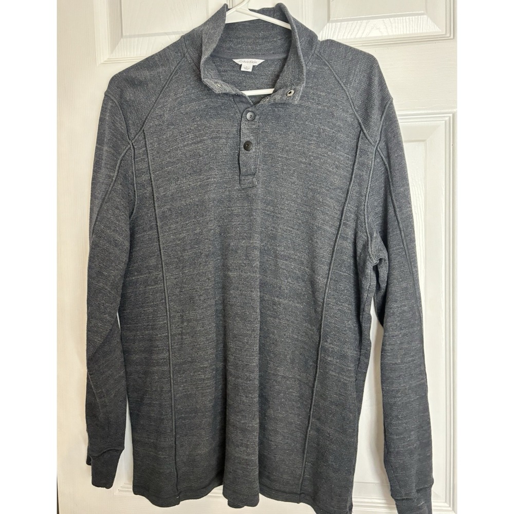 Calvin Klein Mens Large 1/4 Snap L/SL Mock‎ Neck Knit Gray Sweater Cotton